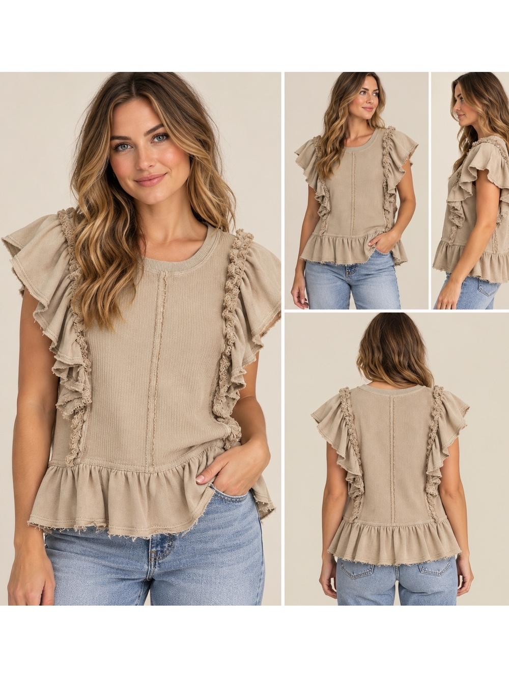 Anthropologie Pilcro Ruffle Flutter Sleeve Peplum Sweatshirt Top Beige M Boho